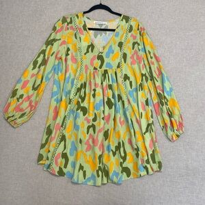 Rusttydustty Tunic Long Sleeve Dress,Boho Hippie Babydoll V-neckline Sz S Green